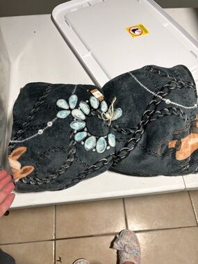 Plush Decorative Throw Blanket - Black with Aqua Floral Accents